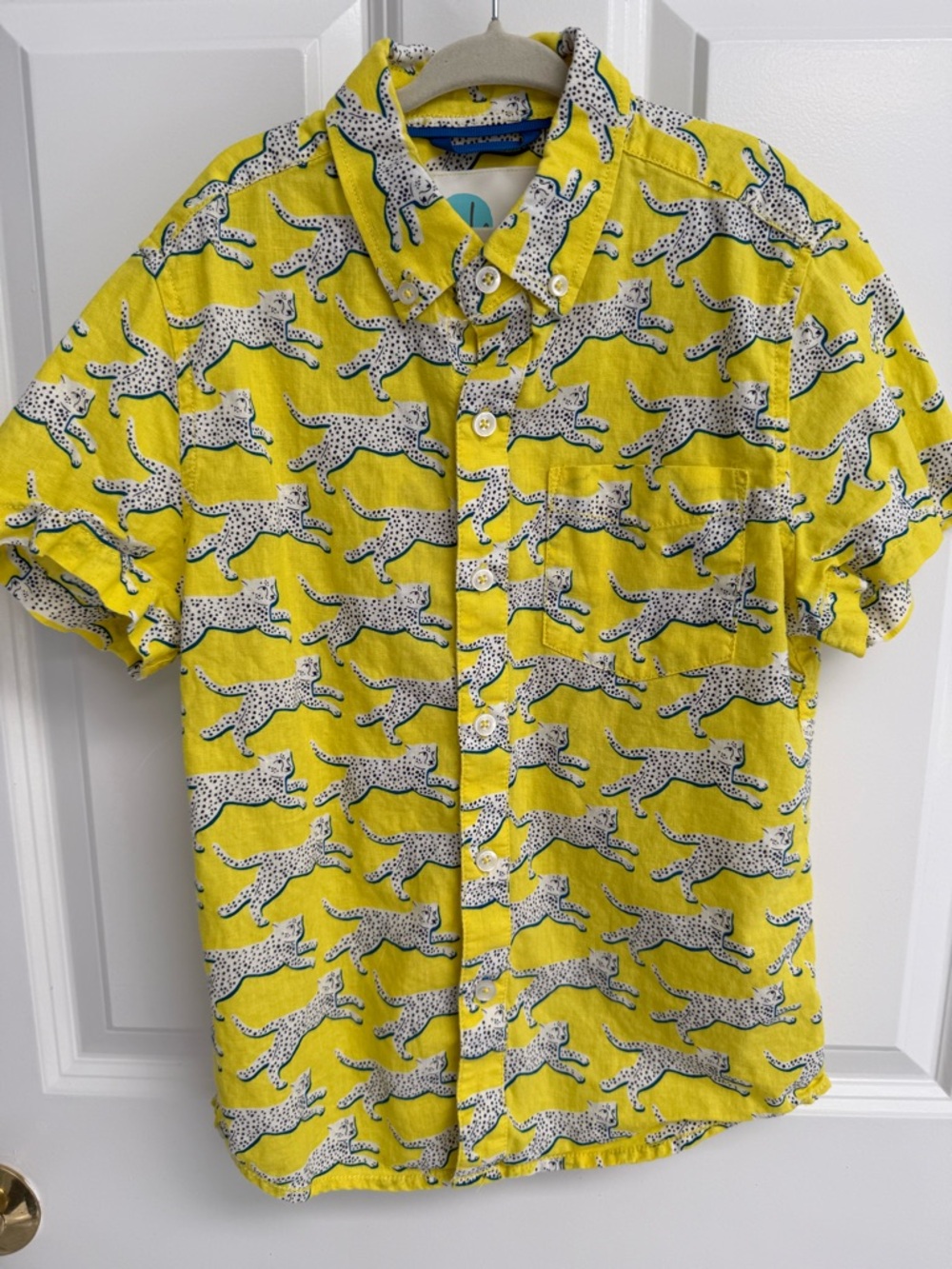 Boden Yellow Short-Sleeve Button-Down Shirt with Cheetah Print